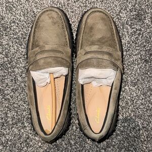 Clarks Taupe Suede Flats Classic Penny Loafers